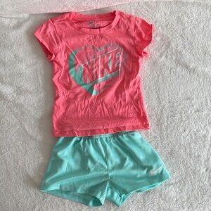 Nike Girls Coral Pink Tee with Mint Heart Logo & Mint Shorts